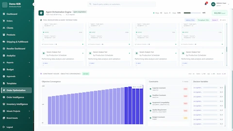 Constraint Solver visualization with objective convergence graph achieving optimal solution at 8,104, tool invocations and agent interactions panel, constraint satisfaction status for capacity, deadline, equipment compatibility, quality requirements, and budget constraints